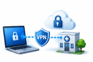 Verschlüsselte VPN-Verbindung für sicheren Fernzugriff auf die IT einer Arztpraxis
